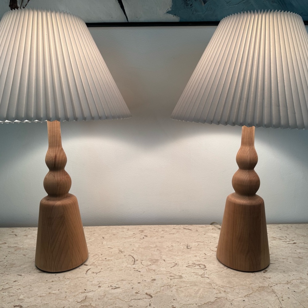 Pair of turned solid wood table lamps, midcentury Scandinavian